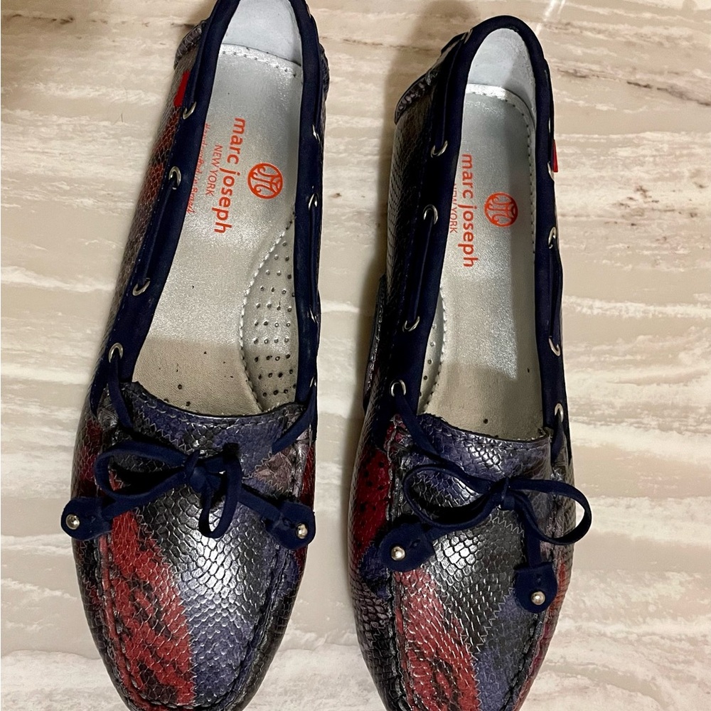 Marc Joseph Blue and Red Flats with Textured Surface and Bow Detail